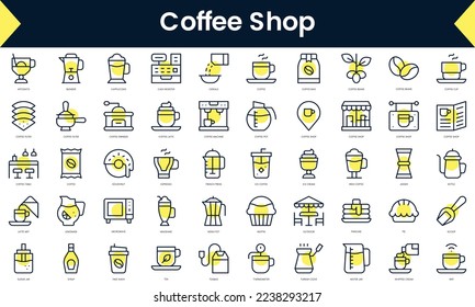 Set de café de línea delgada Icons. Icono de línea de arte con sombra amarilla. Ilustración del vector