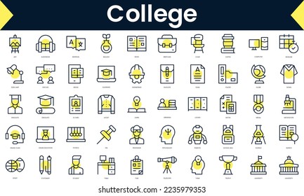 Conjunto de Iconos de la universidad de línea delgada. Icono de línea de arte con sombra amarilla. Ilustración del vector