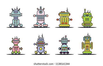 Set of thin line colored robot icons isolated on white background