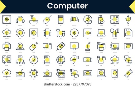 Set of thin line computer Icons. Line art icon with Yellow shadow. Vector illustration