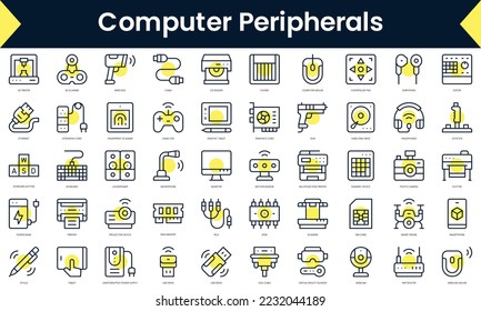Set of thin line computer peripherals Icons. Line art icon with Yellow shadow. Vector illustration