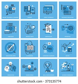 Set of thin line concept icons of distance education, online training, skill development, education apps. Premium quality icons for website, mobile website and app design.