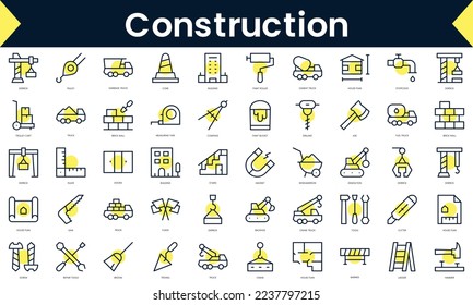 Set of thin line construction Icons. Line art icon with Yellow shadow. Vector illustration