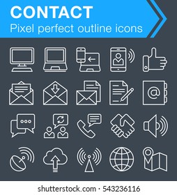 Set of thin line contact and communication icons for mobile apps and web design. 
Pixel perfect trendy thin line icons. Editable stroke.