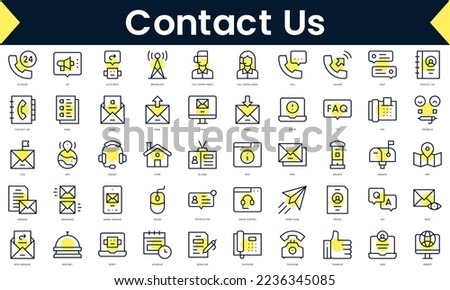 Set of thin line contact us Icons. Line art icon with Yellow shadow. Vector illustration