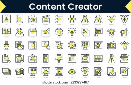 Set of thin line content creator Icons. Line art icon with Yellow shadow. Vector illustration