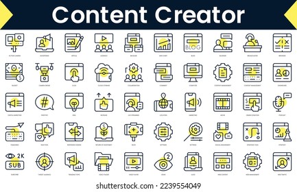 Set of thin line content creator Icons. Line art icon with Yellow shadow. Vector illustration