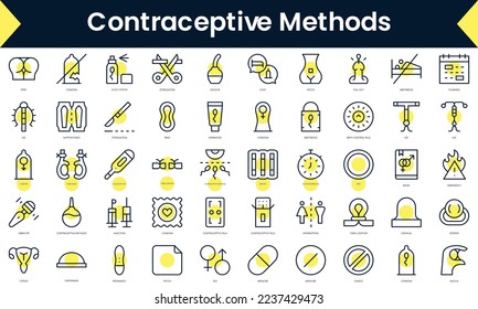 Conjunto de métodos anticonceptivos de línea delgada Iconos. Icono de línea de arte con sombra amarilla. Ilustración del vector