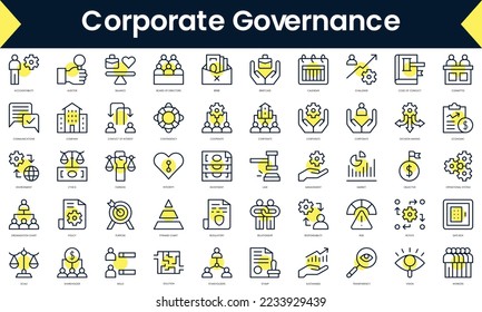 Set of thin line corporate governance Icons. Line art icon with Yellow shadow. Vector illustration