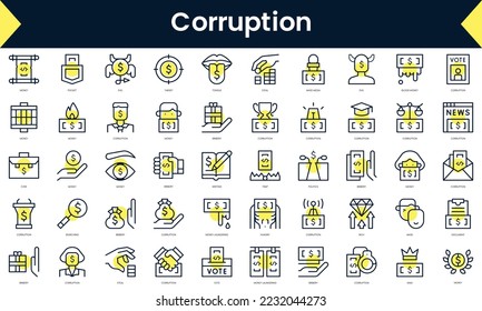 Conjunto de Iconos de corrupción de línea delgada. Icono de línea de arte con sombra amarilla. Ilustración del vector