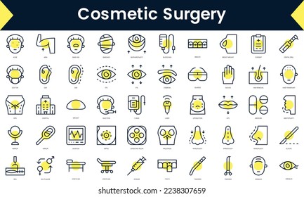 Set of thin line cosmetic surgery Icons. Line art icon with Yellow shadow. Vector illustration