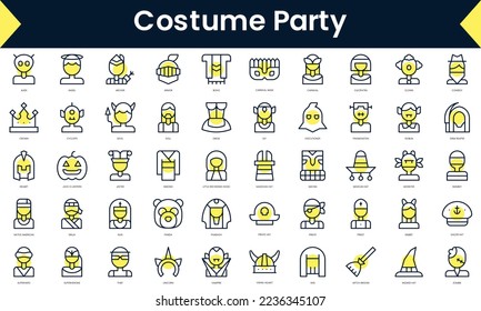 Set of thin line costume party Icons. Line art icon with Yellow shadow. Vector illustration