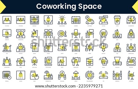 Set of thin line coworking space Icons. Line art icon with Yellow shadow. Vector illustration