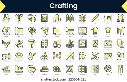 Conjunto de Iconos de diseño de línea delgada. Icono de línea de arte con sombra amarilla. Ilustración del vector