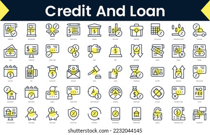 Set of thin line credit and loan Icons. Line art icon with Yellow shadow. Vector illustration
