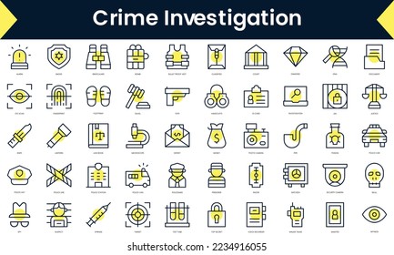 Set of thin line crime investigation Icons. Line art icon with Yellow shadow. Vector illustration