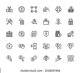 Set of thin line cryptocurrency icons. Premium quality outline symbol collection of blockchain technology, bitcoin, altcoins, mining, finance, digital money market, cryptocoin wallet, stock exchange.