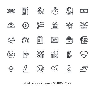 Set of thin line cryptocurrency icons. Premium quality outline symbol collection of blockchain technology, bitcoin, altcoins, mining, finance, digital money market, cryptocoin wallet, stock exchange.