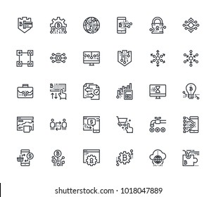 Set of thin line cryptocurrency icons. Premium quality outline symbol collection of blockchain technology, bitcoin, altcoins, mining, finance, digital money market, cryptocoin wallet, stock exchange.