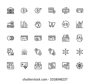 Set of thin line cryptocurrency icons. Premium quality outline symbol collection of blockchain technology, bitcoin, altcoins, mining, finance, digital money market, cryptocoin wallet, stock exchange.