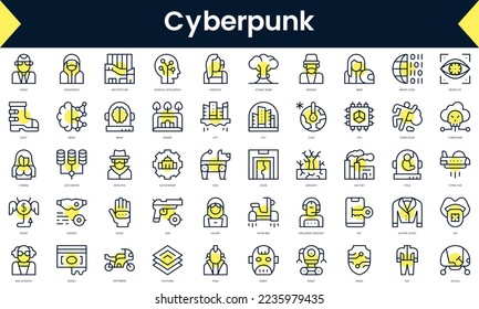 Juego de hilos ciberpunk de línea delgada. Icono de línea de arte con sombra amarilla. Ilustración del vector