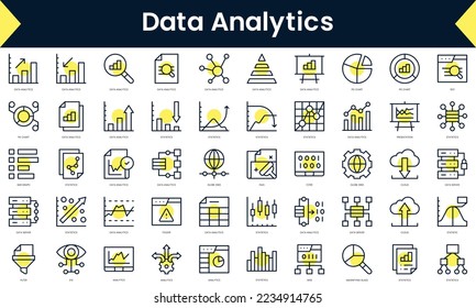 Set of thin line data analytics Icons. Line art icon with Yellow shadow. Vector illustration