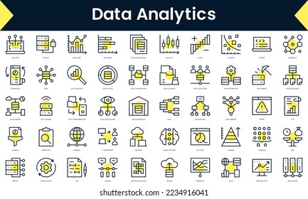 Set of thin line data analytics Icons. Line art icon with Yellow shadow. Vector illustration