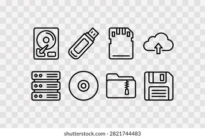 Set of thin line data storage and file management icons including hard drive, usb drive, memory card, cloud upload, server, cd, folder, and floppy disk