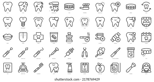 Conjunto de cuidados dentales de línea delgada Iconos. Ilustración del vector