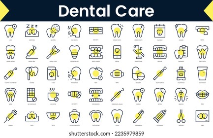 Set of thin line dental care Icons. Line art icon with Yellow shadow. Vector illustration