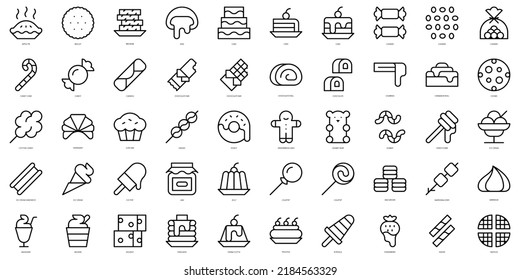 Conjunto de postres de línea delgada e iconos de caramelo. Ilustración del vector