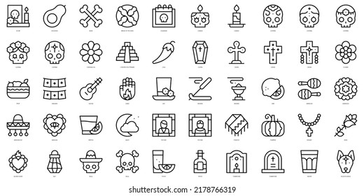 Set of thin line dia de muertos Icons. Vector illustration