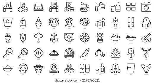 Set of thin line dia de muertos Icons. Vector illustration