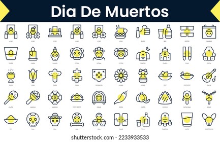 Set of thin line dia de muertos Icons. Line art icon with Yellow shadow. Vector illustration