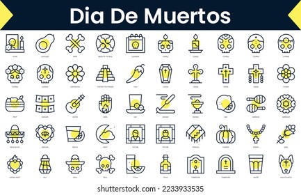 Set of thin line dia de muertos Icons. Line art icon with Yellow shadow. Vector illustration