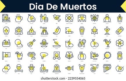 Set of thin line dia de muertos Icons. Line art icon with Yellow shadow. Vector illustration