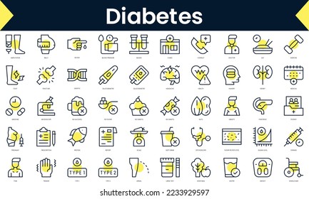 Set of thin line diabetes Icons. Line art icon with Yellow shadow. Vector illustration