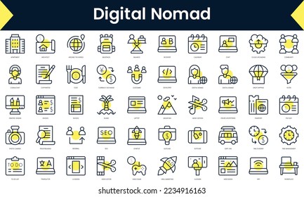 Set of thin line digital nomad Icons. Line art icon with Yellow shadow. Vector illustration