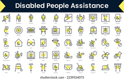 Set of thin line disabled people assistance Icons. Line art icon with Yellow shadow. Vector illustration