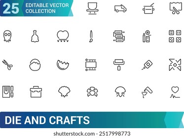 Conjunto de coleção de diy linha fina e ícones de artesanato. Ícone de arte Linha fina com formato editável, coleção de ícones Linear. Sinal de traçado editável de linha fina.  Ilustração vetorial