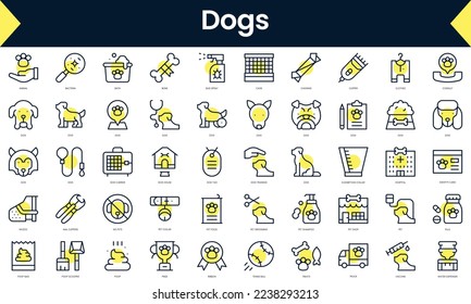 Set of thin line dogs Icons. Line art icon with Yellow shadow. Vector illustration