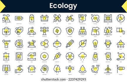 Set of thin line ecology Icons. Line art icon with Yellow shadow. Vector illustration