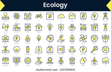 Set of thin line ecology Icons. Line art icon with Yellow shadow. Vector illustration