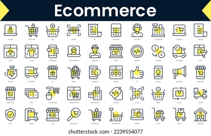 Set of thin line ecommerce Icons. Line art icon with Yellow shadow. Vector illustration