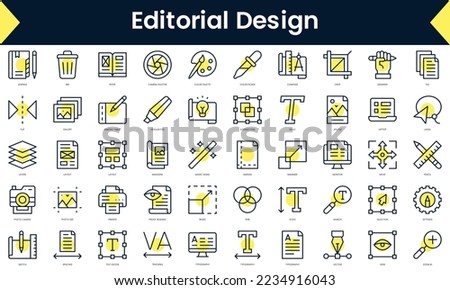 Set of thin line editorial design Icons. Line art icon with Yellow shadow. Vector illustration