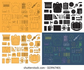 Set of thin line education equipment icons. Trendy linear and flat design vector icons. Collection of vector outlined and flat style school accessories 