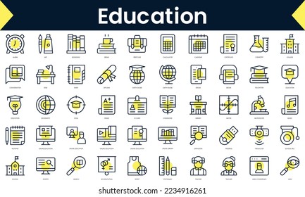Set of thin line education Icons. Line art icon with Yellow shadow. Vector illustration