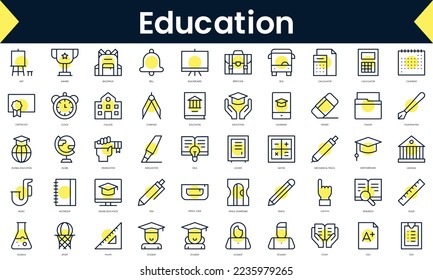 Set of thin line education Icons. Line art icon with Yellow shadow. Vector illustration