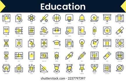 Set of thin line education Icons. Line art icon with Yellow shadow. Vector illustration