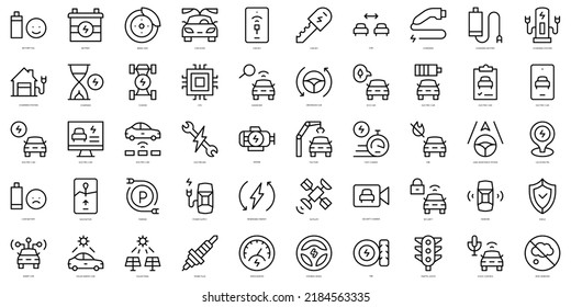 Juego de Iconos de coches eléctricos de línea delgada. Ilustración del vector